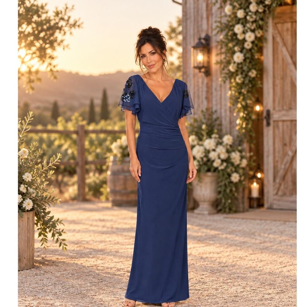 Betsy & Adam Jennifer Navy Sequin Flutter Sleeve Jersey Formal Gown Maxi 14 NWT